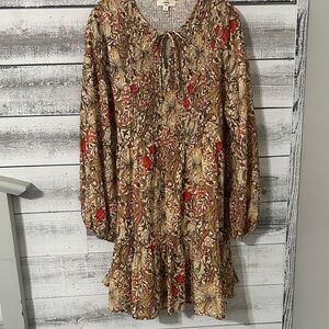 Entro Long Sleeve Floral Dress in Red and Brown